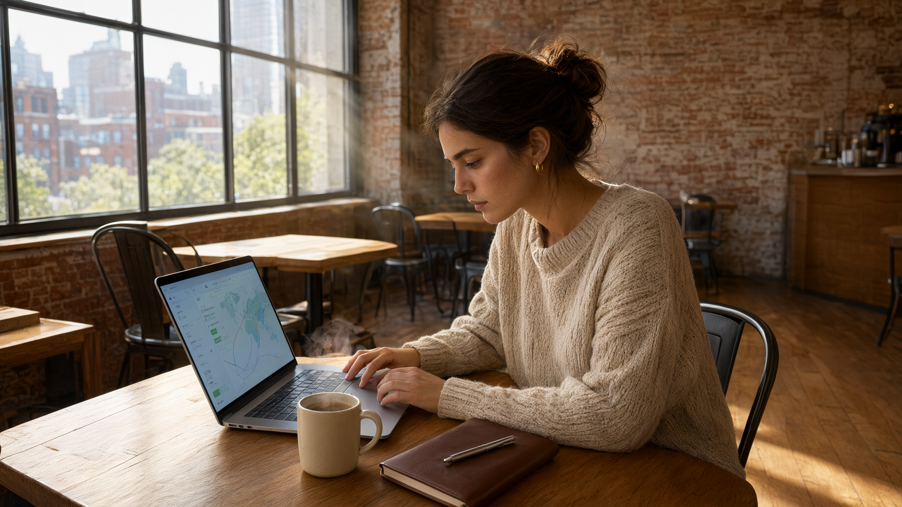 A traveler looking at a laptop screen in a cozy Chicago coffee shop, focused on a flight search map, soft natural light,