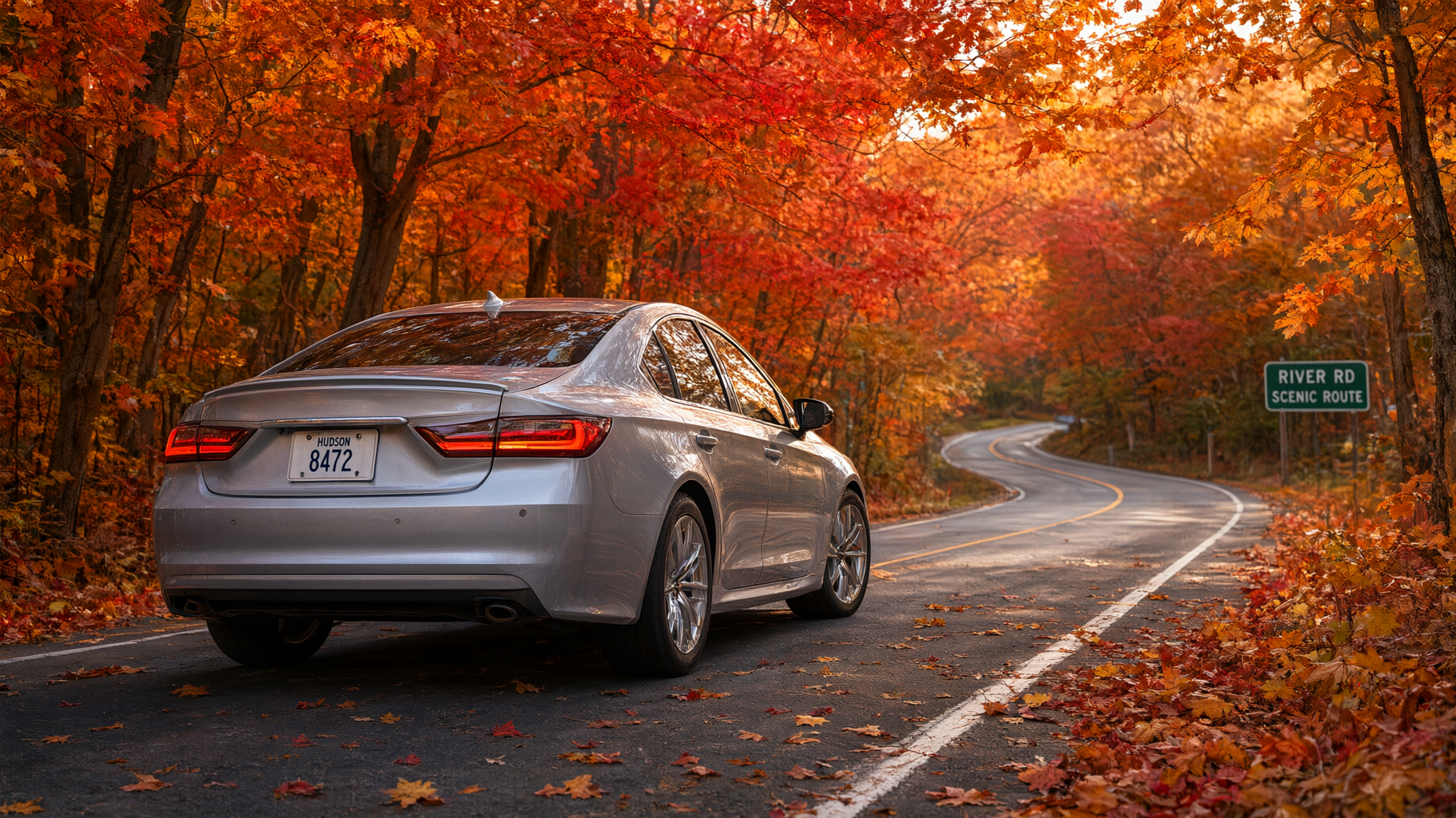 A photorealistic image of a scenic winding road in the Hudson Valley during autumn, vibrant orange and red foliage, a sl