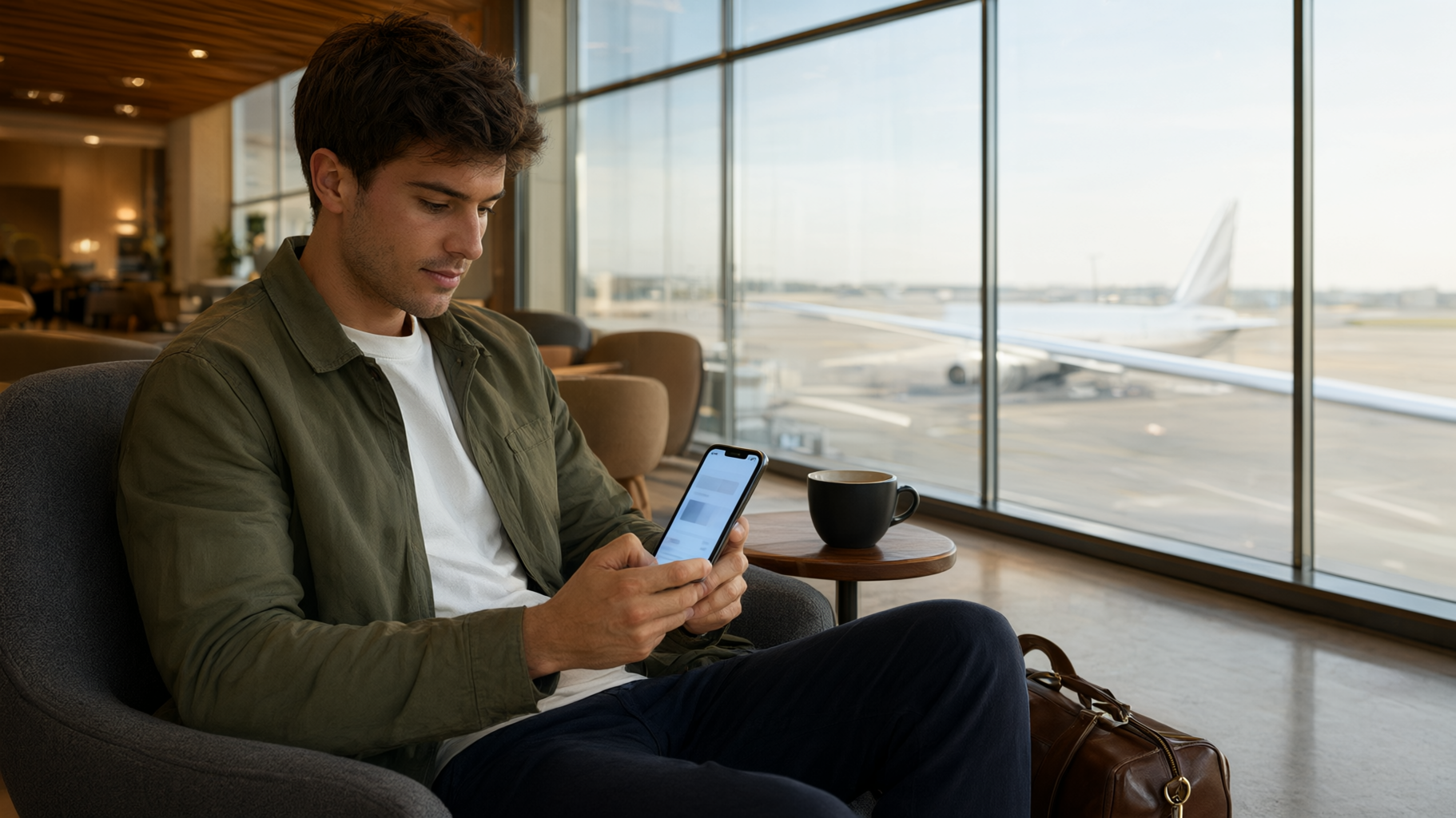 A traveler looking at a smartphone screen displaying a flight comparison app while sitting in a comfortable airport loun